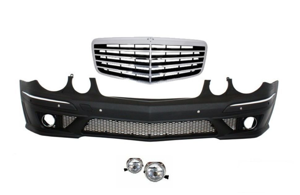 Предна тунинг броня за Mercedes W211 E-Class (2002-2009) - AMG с решетка и халогени - висококачествен продукт за автомобил
