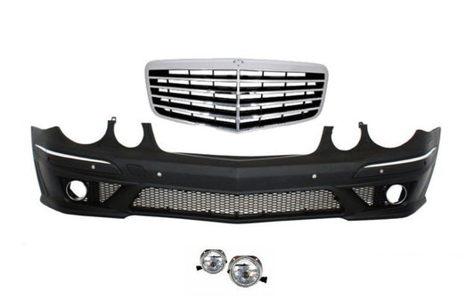 Предна тунинг броня за Mercedes W211 E-Class (2002-2009) - AMG с решетка и халогени - висококачествен продукт за автомобил
