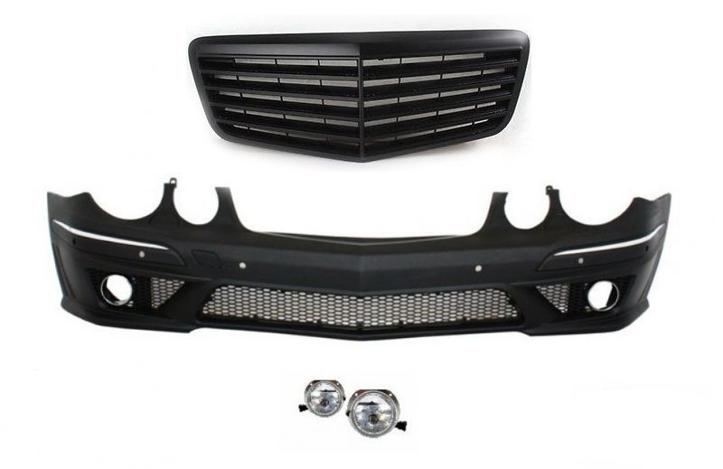 Предна тунинг броня за  Mercedes W211 E-Class (2002-2009) - AMG с черна решетка и халогени - висококачествен продукт за автомобил