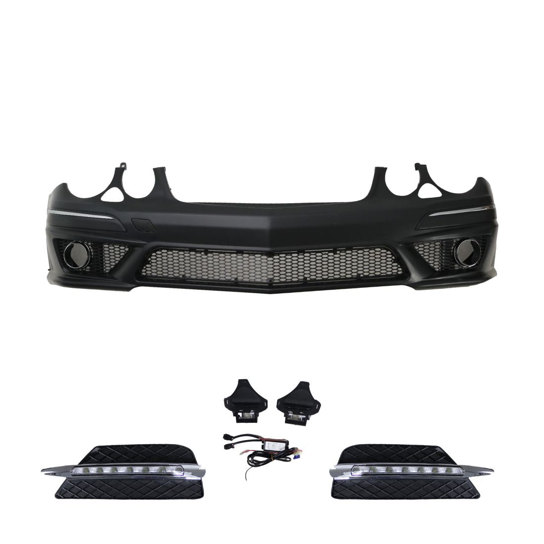 Предна броня за Mercedes W211 E-Class (2006-2009) - AMG Design с LED светлини - висококачествен продукт за автомобил