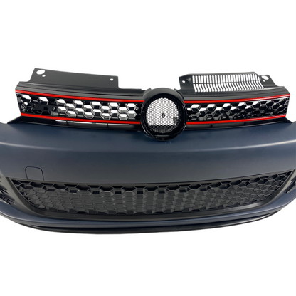 Предна броня за VW GOLF 6 с решетка и халогени - GTI дизайн с и без отвори за парктроник груднирана - висококачествен продукт за автомобил