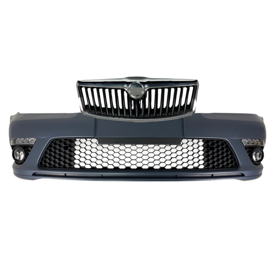 Предна броня за Skoda Octavia 2 (2009-2013) facelift с дневни светлни и халогени - висококачествен продукт за автомобил